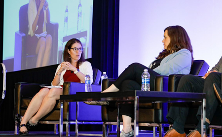 Anne Zink and Sara Patterson talk during a panel at the 2023 TechXpo