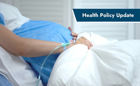 Midsection of a pregnant woman, wearing a hospital gown, lying in a hospital bed. ASTHO's Health Policy Update banner is in the upper-left corner