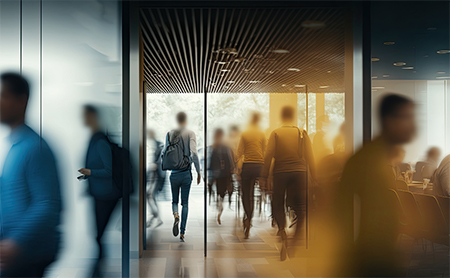 Motion-blurred figures walk around in an office building hallway