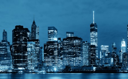 Manhattan skyline at night, from the water