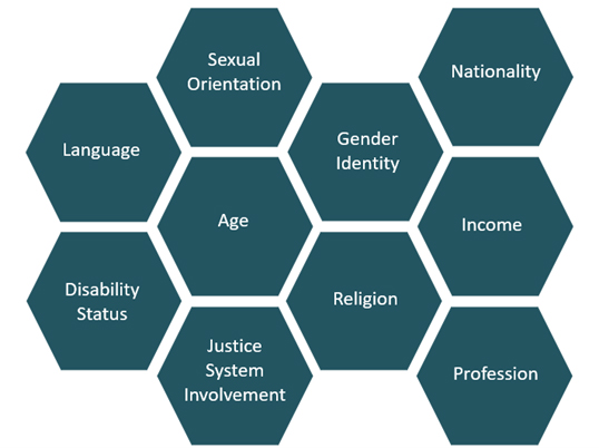 Group of 10 hexagons, each identified as a different type of cultural group